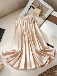 Resyla New Fashionable Casual Apricot Satin Sheen Skirt - Apricot - View 4
