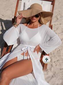Swim Vcay Women's Casual Drawstring Waist Beach Cover-Up With Metal Coconut Tree Pendant Decor, Spring/Summer - White - View 4