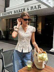 Serisse Áo nữ mùa hè họa tiết hoa nhí, kiểu dáng retro Pháp, phối ren hoa, tay ngắn, ôm sát, cổ chữ V, thắt eo, cài cúc phía trước, kiểu dáng mới in hoa, thích hợp cho kỳ nghỉ hè, du lịch, phong cách boho, thanh lịch. - Nhiều màu - Xem 7