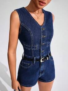 SHEIN Essnce 女式休闲纽扣口袋牛仔连体裤 - 深色水洗藍 - 查看 3