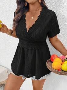 SHEIN Frenchy Plus Size Women's Black Summer Elegant Everyday Casual Babydoll Top,Textured V-Neck Contrast Lace Short Sleeve Empire Waist Cinched Vacation Blouses - Black - View 3