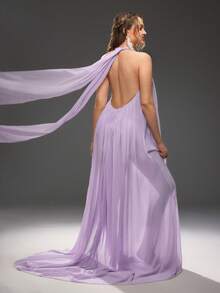 Cheriluna Maternity Elegant Flowing Halter Backless Slit Maternity Dress For Photoshoot - Mauve Purple - View 2