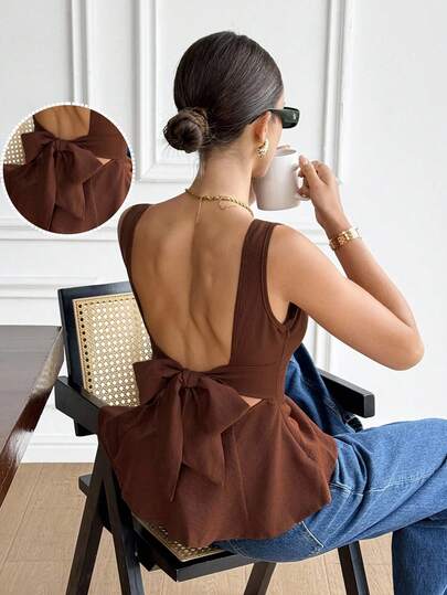 SHEIN Frenchy Women's  Casual  Brown Linen Boat Neck Solid Color Backless Bow Decor Ruffle Hem Fashionable Versatile Vacation Date Night Sleeveless Blouse,Backless Top,Boho Vacation  Casual Sleeveless Blouse,Brown Top  ,Elegant Women's Blouses Brown Blouse  Summer Tops,Summer, Valentine's Day, Carnival, Party ,Wedding ,Birthday, Elegant ,Vacation, Casual ,Summer Tops ,Fasching Women Costume