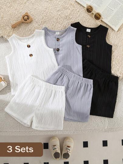 SHEIN Vintaside Kids 6件套男婴夏季简约套装，包括纯色无袖背心和配套短裤，颜色有咖啡色、杏色和蓝色可选，宽松版型，适合休闲、户外、派对等场合。