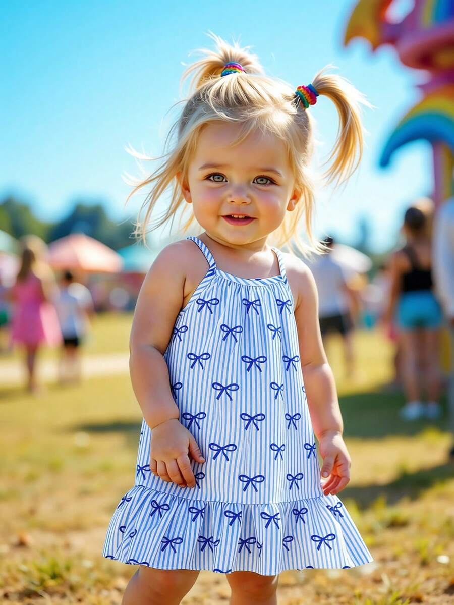 SHEIN Playful Pals Đầm không tay cho bé gái với họa tiết nơ sọc nhiều màu sắc, năng động và tươi mới. Thích hợp cho mùa hè với dây đeo có thể điều chỉnh, một lựa chọn ngọt ngào cho trang phục mùa hè của bé gái. - Màu xanh lam - Xem 1