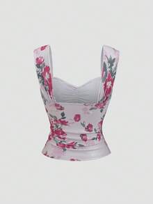 Sweetra 夏季女士玫瑰印花短袖修身吊带背心，约会、通勤皆宜。 - 粉色 - 查看 2