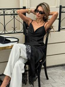 Siren Gaze Váy dây mảnh chắp vá ren màu trơn dành cho nữ - màu đen - Xem 2