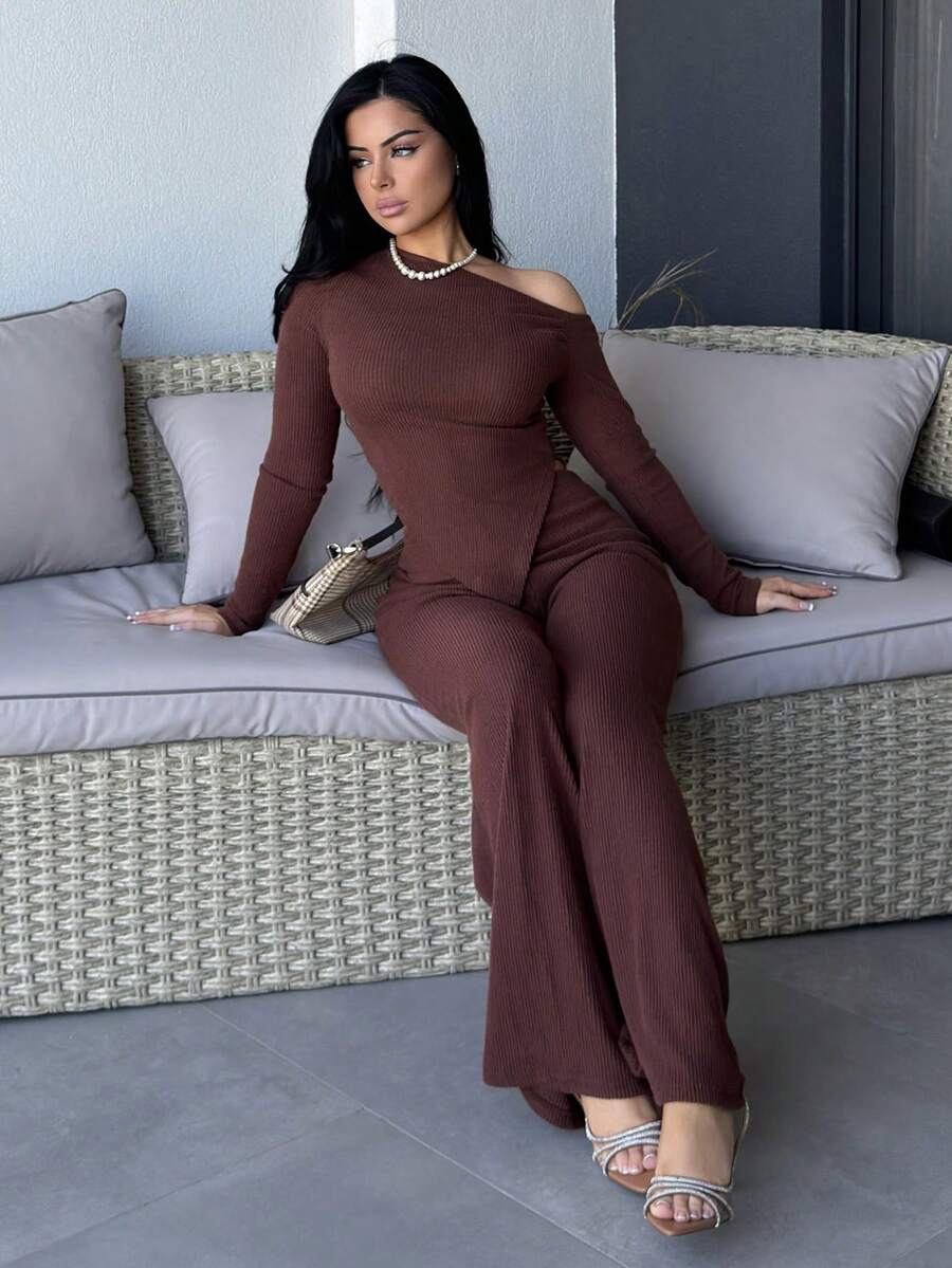 Vassilux Women's Casual Asymmetrical Shoulder Fuzzy T-Shirt + Wide Leg Low Waist Pants 2 Pieces Set, Winter Fall Cloth For Women - Brown - View 1