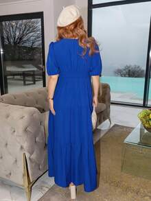 Gretanique 优雅 V 领收腰褶皱喇叭下摆泡泡袖长裙，紫色，休闲度假装，春夏 - 寶藍色 - 查看 2