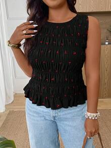 SHEIN Frenchy Plus Size Cherry Print Ruffle Trim Round Neck Casual Tank Top, Summer Smocked Black Peplum Women Sleeveless Spring/Summer For Vacation - Black - View 5