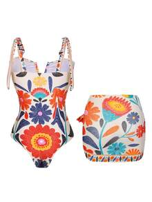 Swim Oasis Women's New V-Neck Printed One-Piece Swimsuit With Ruched Skirt, Slim Fit Two Pieces Set, Spring/Summer - Multicolor - View 2