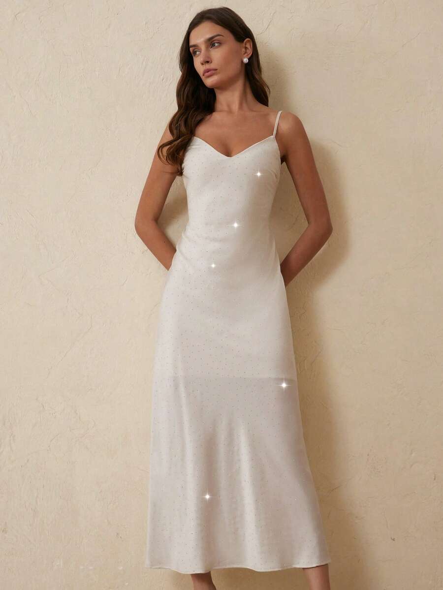 Revavyn New Fashionable Minimalist Rhinestone Strap Dress, Luxurious Sparkling Elegant Lady Style, Suitable For Evening Party, Birthday Celebration And Other Occasions - White - View 1