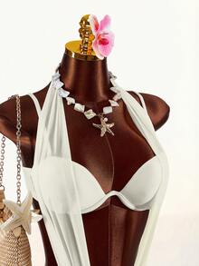 Amplova Áo tắm liền thân cổ yếm phối lưới dành cho nữ, thiết kế hở lưng gợi cảm, trang phục đi nghỉ mát, trang phục du lịch cho nữ, trang phục ngày lễ cho nữ - Màu be - Xem 6