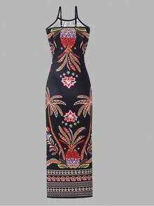 Sparklyn Vestido largo sin mangas de verano para niña, diseño divertido con estampado floral y frutal, corte ajustado con abertura lateral, look elegante, perfecto para vacaciones y sesiones de fotos. - Negro - Ver 4