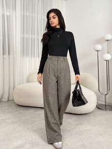 SHEIN Tall 教师装女装灰色褶裥优雅长裤带口袋，秋冬灰色高腰阔腿裤宽松大码裤商务职业女装宽松阔腿裤秋季女装冬季女装外出下装 - 咖啡棕 - 查看 7