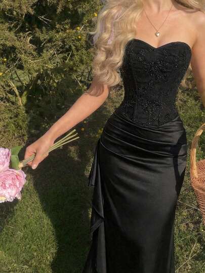 SHEIN MOD Women's Beaded Embroidery Ruched Fashionable Midi Dress, Tea Party Dress,Spring/Summer Outfits,Dinner Dress,Prom Dress,Birthday Dress,Summer Dress,Party Dress,Wedding Guest Dress For Women,Elegant Dresses,Satin Dress,White Dress,Vacation Dress,White Formal Evening Gown,Jacquard Fabric Dress