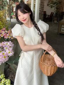 DAZY 女士提花花瓣袖连衣裙，新款夏季收腰连衣裙，法式复古中长连衣裙，女士太阳裙 - 杏色 - 查看 4