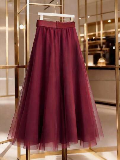 GlowEve CURVE Plus Size Women's Elegant Burgundy Mesh Button Design Skirt, Graceful Summer Commuter Vintage Style Skirt, Suitable For Graduation, Holidays, Valentine's Day, Music Festivals, Mother's Day, Halloween, Thanksgiving, Easter, National Day, Balls, Dates, Parties, Weddings, Outings