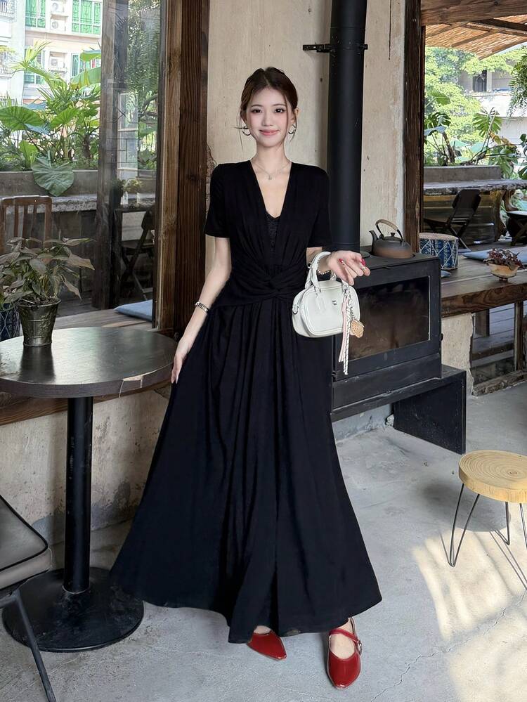 Women's V-Neck Lace Patchwork Korean Style Banquet Elegant Long Dress Sundress