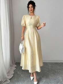 Modelyn Women's Elegant Puff Sleeve Cinched Waist Shiny Dress - Yellow - View 5