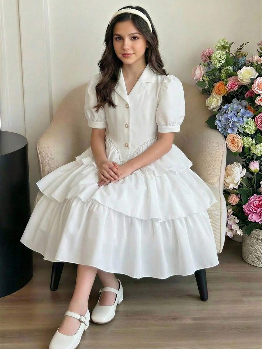 女童优雅腰部串珠连衣裙，灯笼泡泡袖，适合度假、春夏旅行、派对、返校等场合。 - 白色 - 查看 1