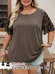 SHEIN CURVE+ 加大码女式情人节豹纹拼接褶皱袖休闲T恤上衣，Curve Plus，Hoho Vacation - 棕色 - 查看 1