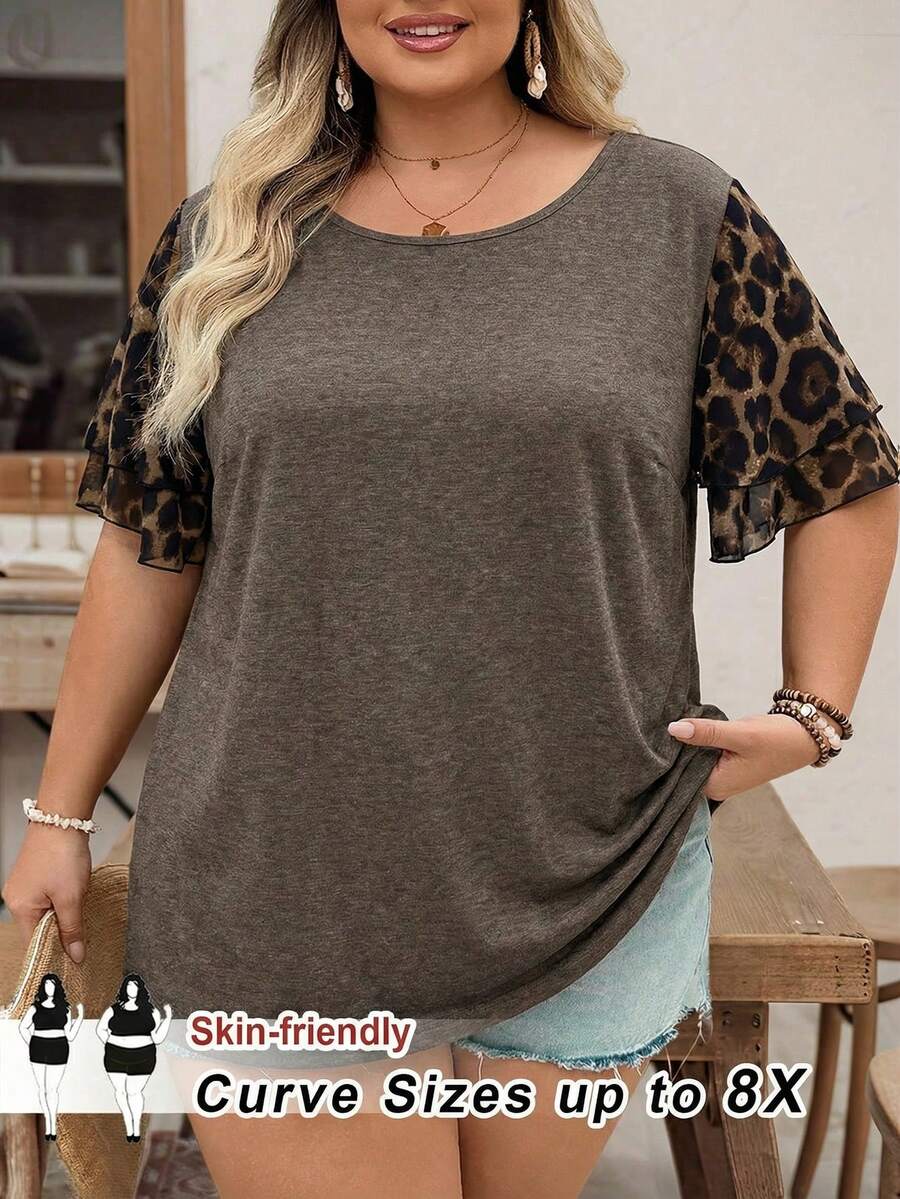 SHEIN CURVE+ 加大码女式情人节豹纹拼接褶皱袖休闲T恤上衣，Curve Plus，Hoho Vacation - 棕色 - 查看 1