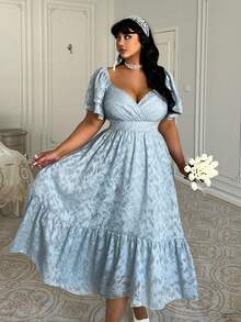 Lyrianda 新款春夏蓝色雪纺镂空优雅百搭收腰V领性感时尚连衣裙 - 綠色 - 查看 1