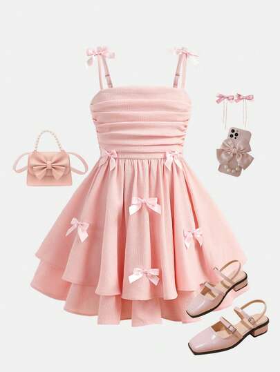 SHEIN Girlism Tween Girl Woven Pink Bow Decor Casual Camisole Dress