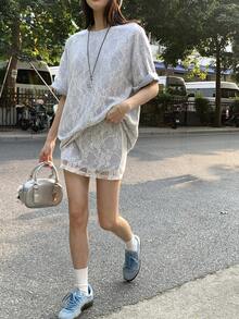 DAZY 女款蕾絲拼接白色迷你裙，高腰百搭夏季兩件套居家休閒短套裝，適合學校穿著 - 灰色 - 查看 4