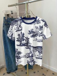SHEIN LUNE 休闲简约花卉动物图案圆领宽松女式T恤 - 彩色 - 查看 4
