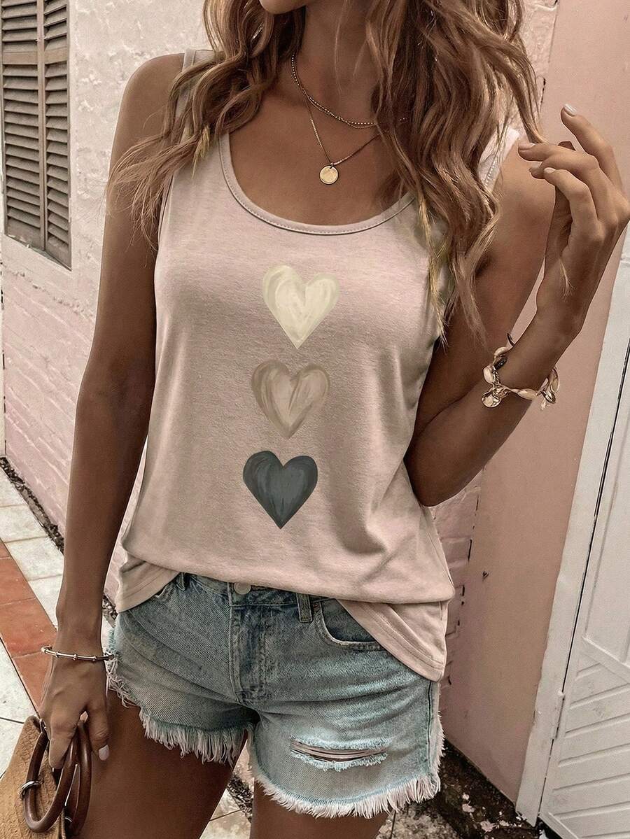 EMERY ROSE New Fashion Casual Basic U-Neck Khaki Front Heart Print Tank Top - Khaki - View 1