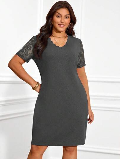 Miaspire 大码女士优雅短袖蕾丝拼接连衣裙，夏季