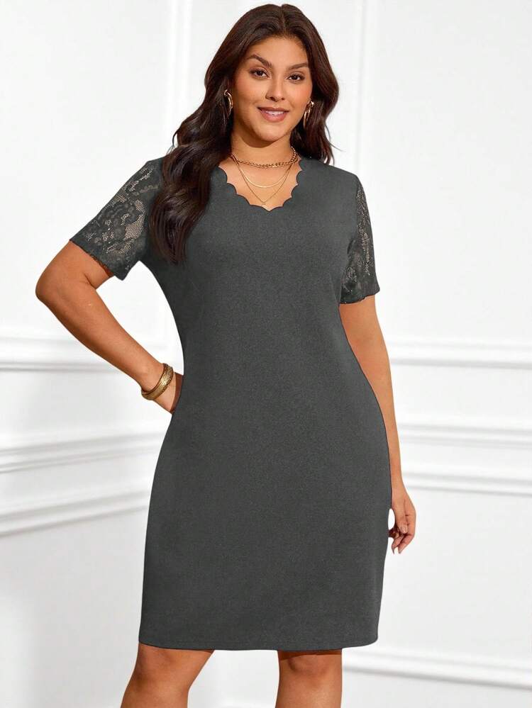 Plus Size Women's Summer Casual Vacation Elegant Short Sleeve Lace Patchwork Dress, Summer,Spring Break Outfits ,Vacation Outfits Women ,Holiday Outfits For Women,Going Out Outfits,2026 New Clothes,Simple And Fashionable For Everyday Wear,Dress Modest,Sun Dresses For Women, Summer Casual Dress, Summer Dresses