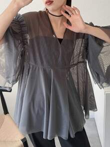 FRIFUL 女士纯色V领网纱喇叭袖宽松上衣 夏季 - 深灰色 - 查看 6