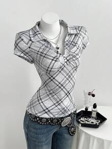 Elamini Women's Casual Grey Plaid Minimalist Collared Fitted Short Sleeve T-Shirt - Grey - View 3