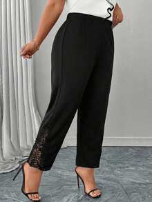 Reflora 大码女式休闲/通勤蕾丝拼接裤 - 黑色 - 查看 4