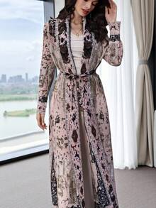 Al Najma Pink Long Sleeve Printed Pleated Women's Abaya Robe - Pink - View 6