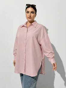 SHEIN Essnce 大码女装秋冬休闲宽松基础款长袖纽扣衬衫，复古风格，适合工作、秋季穿着，高开衩设计，基础款长袖衬衫，返校季必备 - 淺粉色 - 查看 3