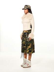 SUMWON WOMEN Faux Fur Trim Suede Cropped Bomber Jacket Winter Outerwear Statement Piece - Apricot - View 5