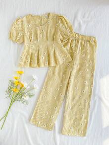 Vintaside Kids 少女黄色格子雏菊印花泡泡袖上衣和配套长裤套装，适合外出、休闲穿着和派对。 - 彩色 - 查看 3