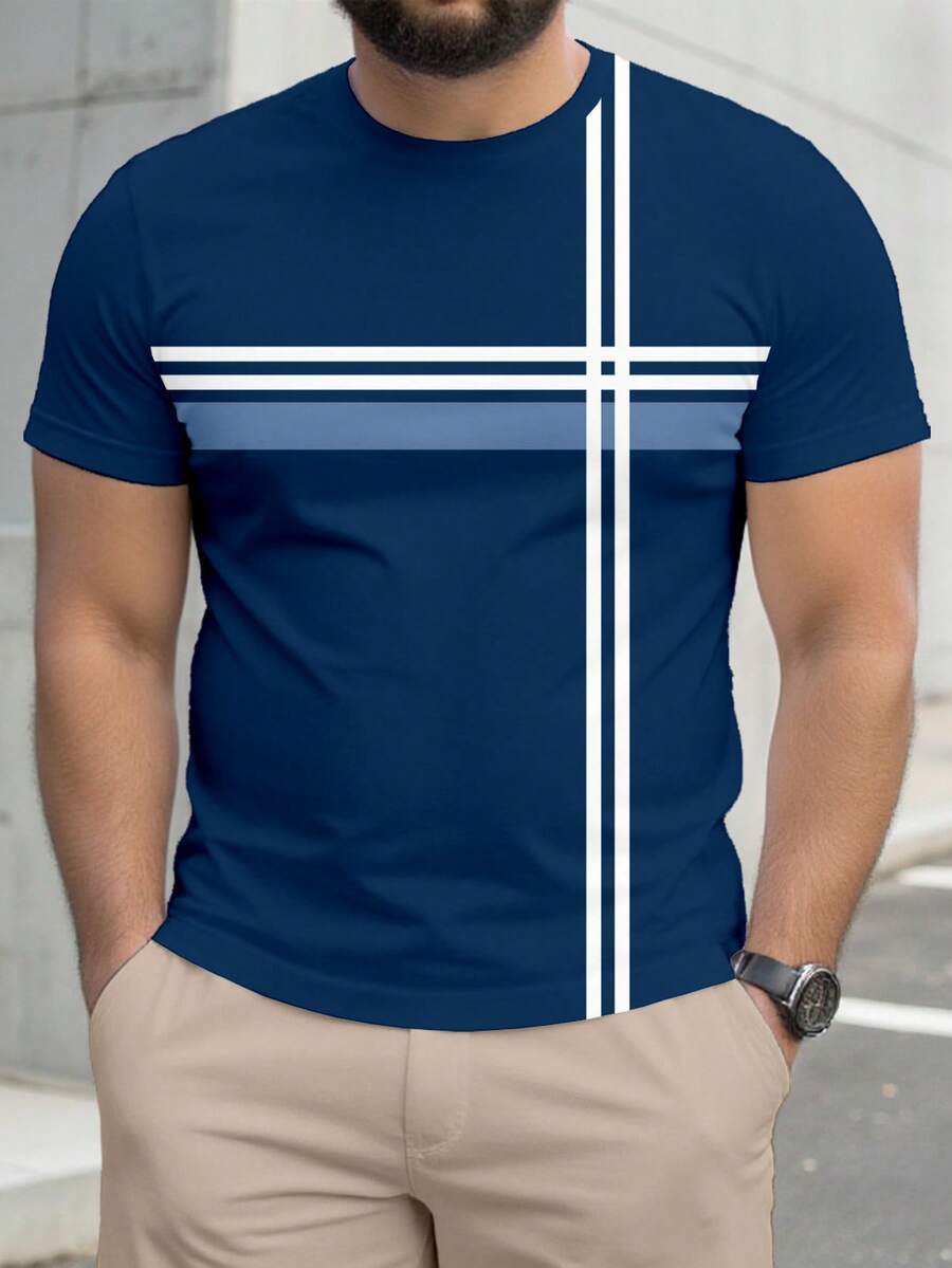 Manfinity Homme 男士加大码海军蓝极简条纹印花休闲T恤 - 藏蓝色 - 查看 1