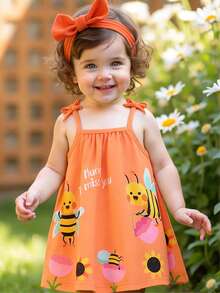 SHEIN Playful Pals 女婴服装 女婴连衣裙 全花卉图案 吊带蝴蝶结 夏季优雅清新连衣裙 - 橘色 - 查看 1