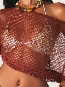 MISSGUIDED Metallic Fringe Crochet Off Shoulder Cape Top With Wide Sleeves And Shimmering Open Knit Design For Fall - Burgundy - View 2