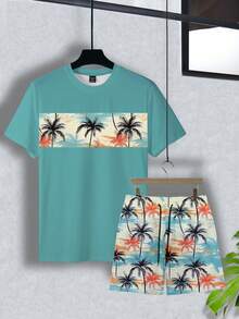 Manfinity RSRT 热带椰树沙滩印花男士圆领短袖湖蓝色T恤套装，男士美式沙滩风圆领湖蓝色T恤套装 - 彩色 - 查看 3