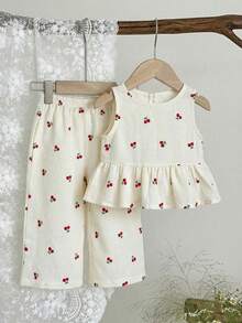 LMoss Kids 2pcs Baby Girl Ditsy Floral Woven Casual Vest And Pants Set - Multicolor - View 9
