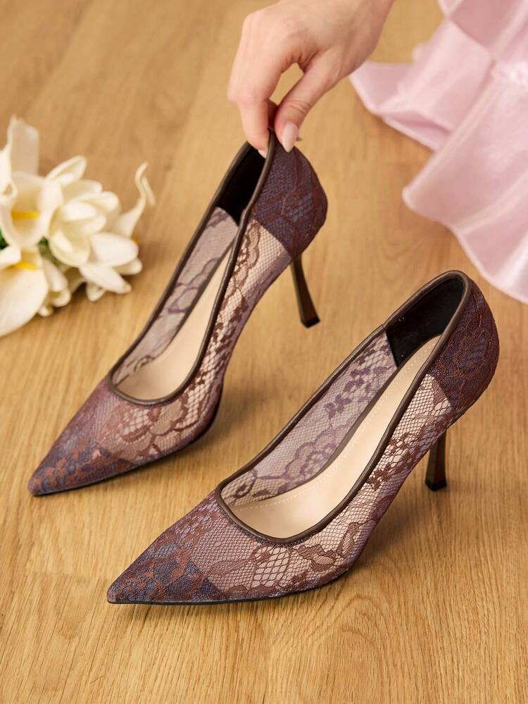 CUCCOO HITCHD Women's Floral Embroidered Lace Pointed Toe Stiletto High Heel Elegant Sweet Romantic Sexy White Mesh Lady's High Heel Dress Shoes, Bridal Shoes, Fashion Party Formal Wear, Suitable For Wedding, Christmas, Thanksgiving, Halloween, Birthday, Valentine's Day Wedding Shoes Summer Shoes Bride Shoes