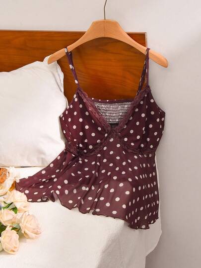 CosyJoli Plus Size Women Polka Dot Print Contrast Lace Camisole