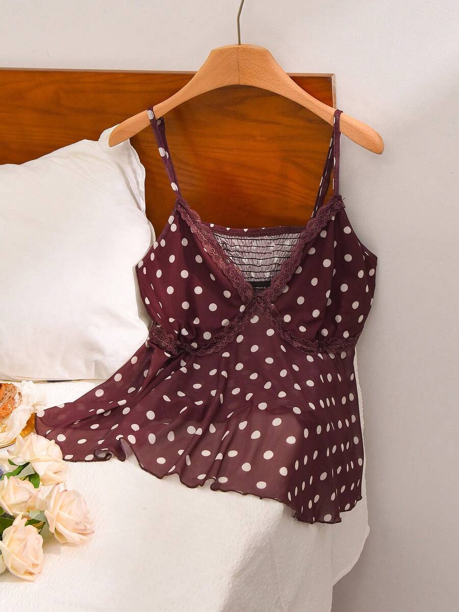 CosyJoli Áo hai dây ren phối họa tiết chấm bi dành cho nữ cỡ lớn - Cà phê nâu - Xem 1