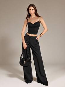 SHEIN Tall 女士纯色撞色蕾丝短款修身时尚吊带背心，万圣节女装，外出上衣，约会之夜女装，蕾丝束身衣 - 黑色 - 查看 1
